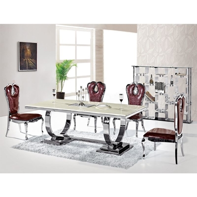 Серебряный роскошный обеденный стол 6 Seater комфорта 150X90X75 закалил стеклянную верхнюю часть