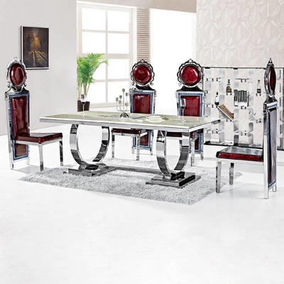 Серебряный роскошный обеденный стол 6 Seater комфорта 150X90X75 закалил стеклянную верхнюю часть