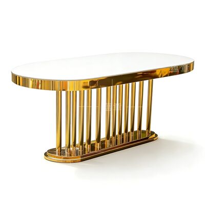 Хорошая цена Свадебная мебель оптом Золотая овальная рама из нержавеющей стали Белое зеркало Стекло верхний длинный стол Ужин гостиничный стол для свадьбы онлайн