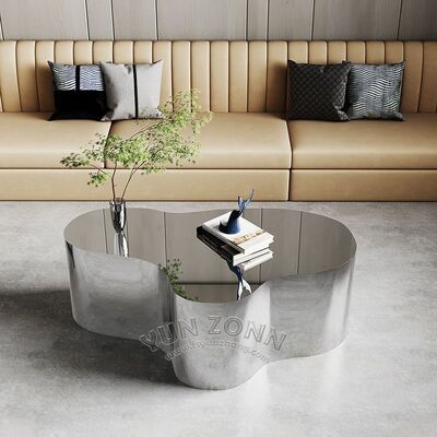 Хорошая цена YunZonn Luxury Modern Stainless Steel Coffee Table Высокое качество Серебряное зеркало Окончание Уникальная форма Домашняя гостиница Гостиная Бар онлайн