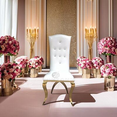 Хорошая цена Роскошный обеденный трон с высокой спинкой на золотых ножках из нержавеющей стали для гостиных, отелей и свадеб на открытом воздухе онлайн