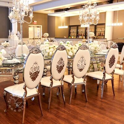 Хорошая цена Современный золото нержавеющей стали овальный спинный стул с кожей для столовой гостиница и свадьба современный стиль для квартиры онлайн